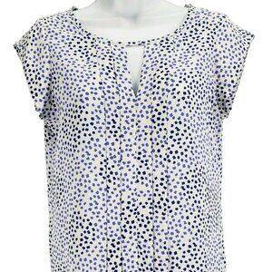 Express Top Womens Small White Blue Cap Sleeve Blouse Animal Print Dot Keyhole